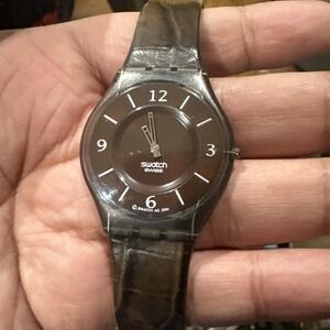 Working Unisex Swatch Brown Dial 34mm Fancy Leather Watch Swiss Ultra Thin Runs
